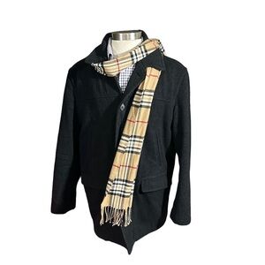 Unbranded Tan Red Grey Plaid 100% Cashmere Scarf 70x12” Unisex Frilly Fringe EUC